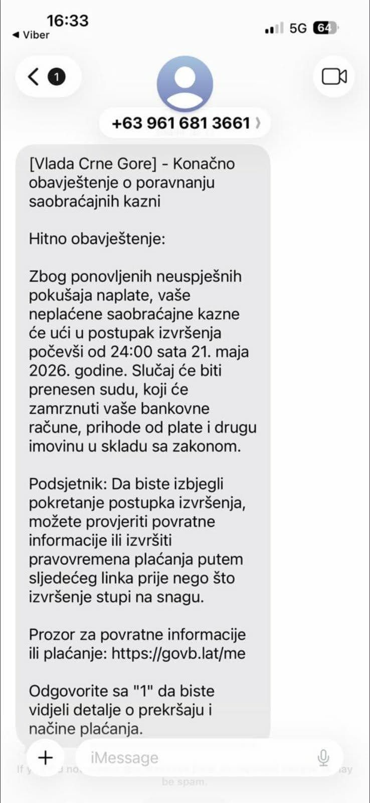 Primjer lažne SMS poruke kojom prevaranti pokušavaju doći do podataka o karticama